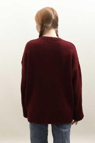 Oversize Ribanalı Kazak Bordo - 8