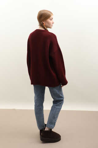 Oversize Ribanalı Kazak Bordo - 9