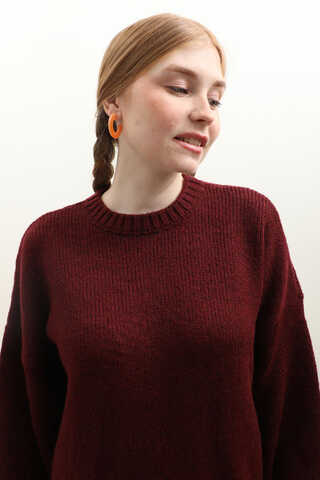 Oversize Ribanalı Kazak Bordo - 4