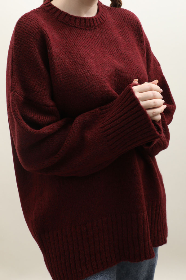 Oversize Ribanalı Kazak Bordo - 6