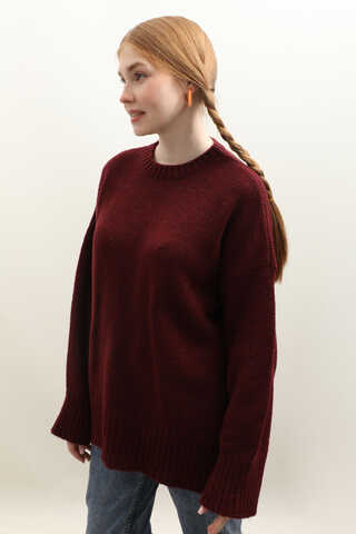 Oversize Ribanalı Kazak Bordo - 7