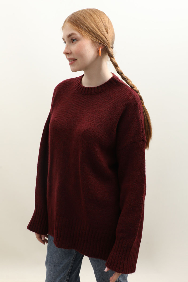 Oversize Ribanalı Kazak Bordo - 7