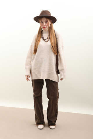 Oversize Ribanalı Kazak Ekru - 1