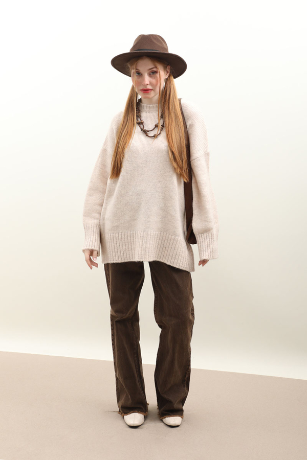 Oversize Ribanalı Kazak Ekru - 1