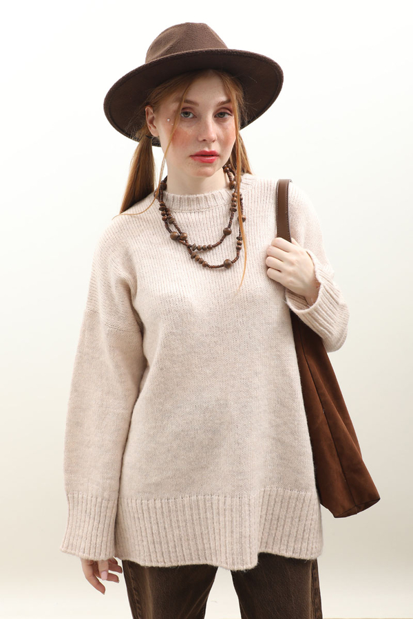 Oversize Ribanalı Kazak Ekru - 2