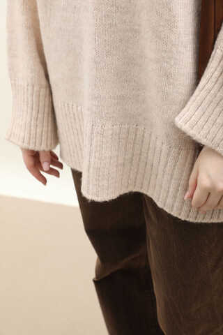 Oversize Ribanalı Kazak Ekru - 3