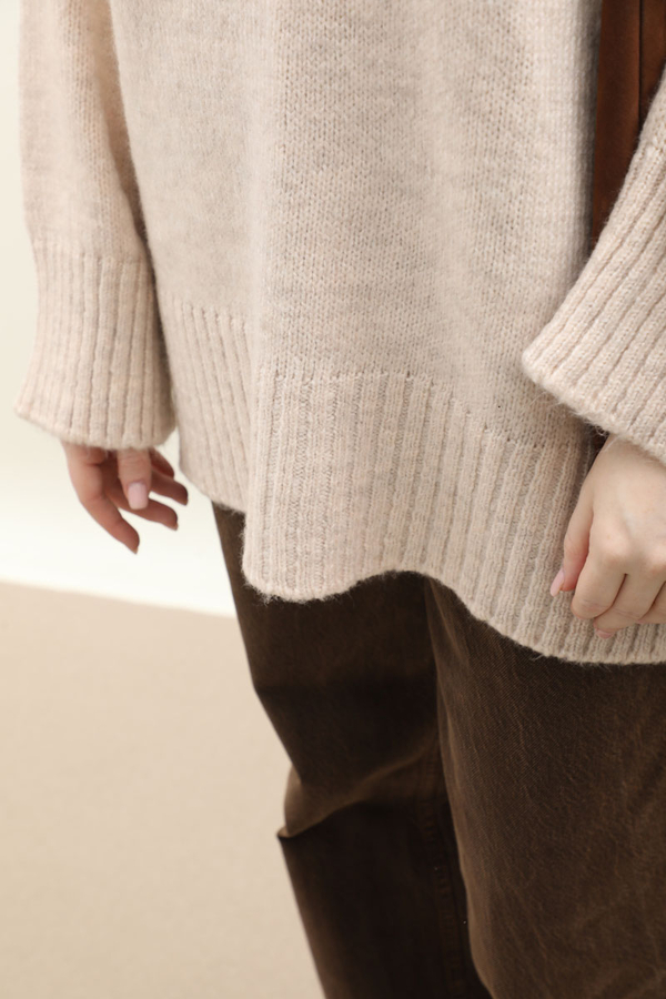 Oversize Ribanalı Kazak Ekru - 3