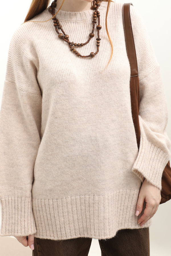 Oversize Ribanalı Kazak Ekru - 4