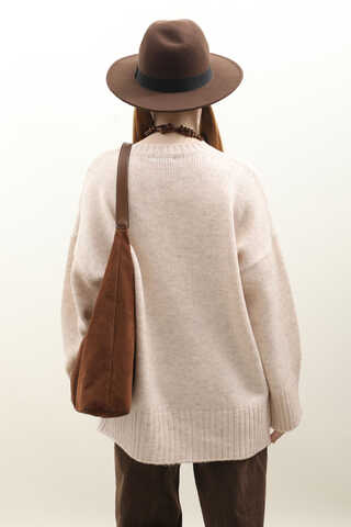 Oversize Ribanalı Kazak Ekru - 5