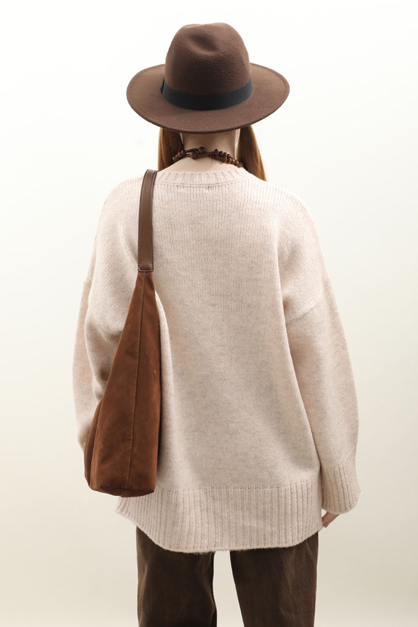 Oversize Ribanalı Kazak Ekru - 5