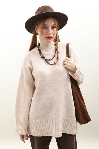 Oversize Ribanalı Kazak Ekru - 2