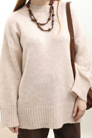 Oversize Ribanalı Kazak Ekru - 4