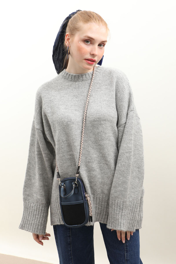 Oversize Ribanalı Kazak Gri - 2