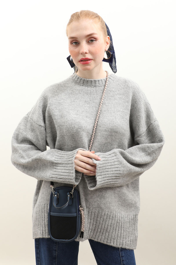 Oversize Ribanalı Kazak Gri - 3