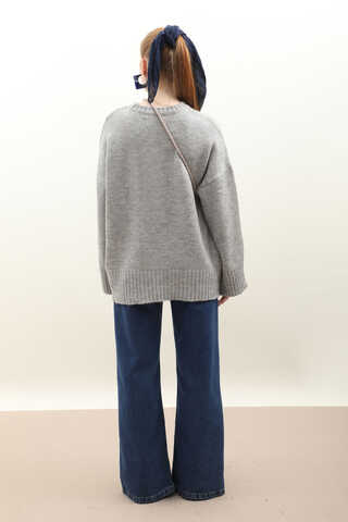 Oversize Ribanalı Kazak Gri - 9