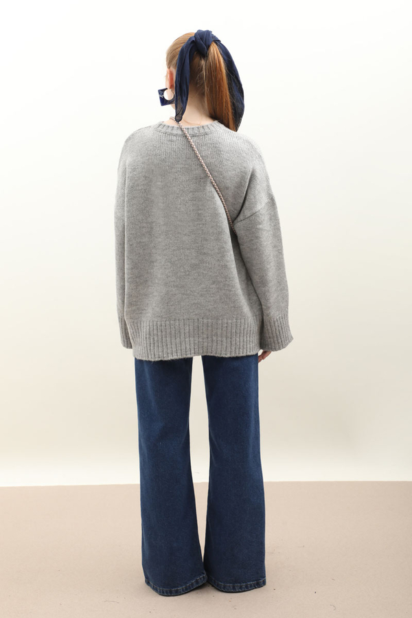 Oversize Ribanalı Kazak Gri - 9