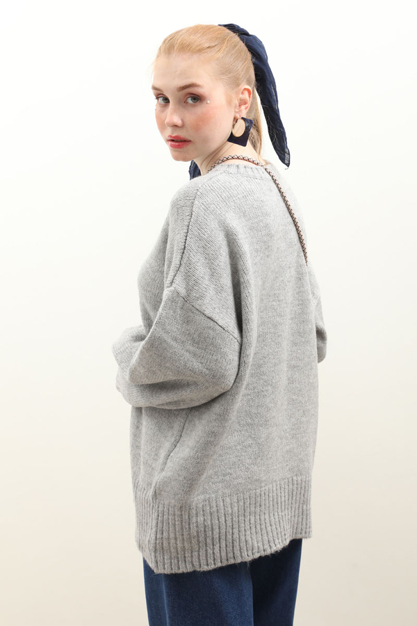 Oversize Ribanalı Kazak Gri - 10