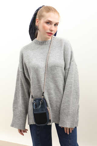 Oversize Ribanalı Kazak Gri - 2