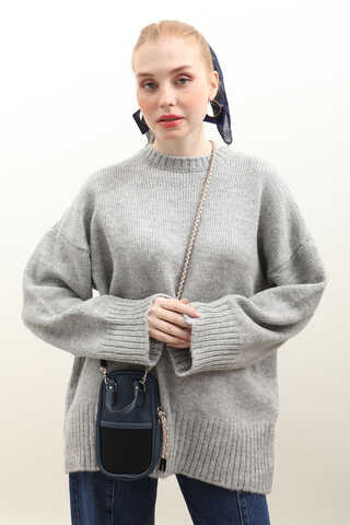 Oversize Ribanalı Kazak Gri - 3