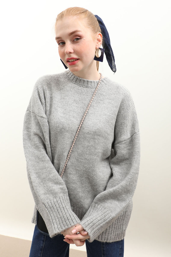 Oversize Ribanalı Kazak Gri - 4