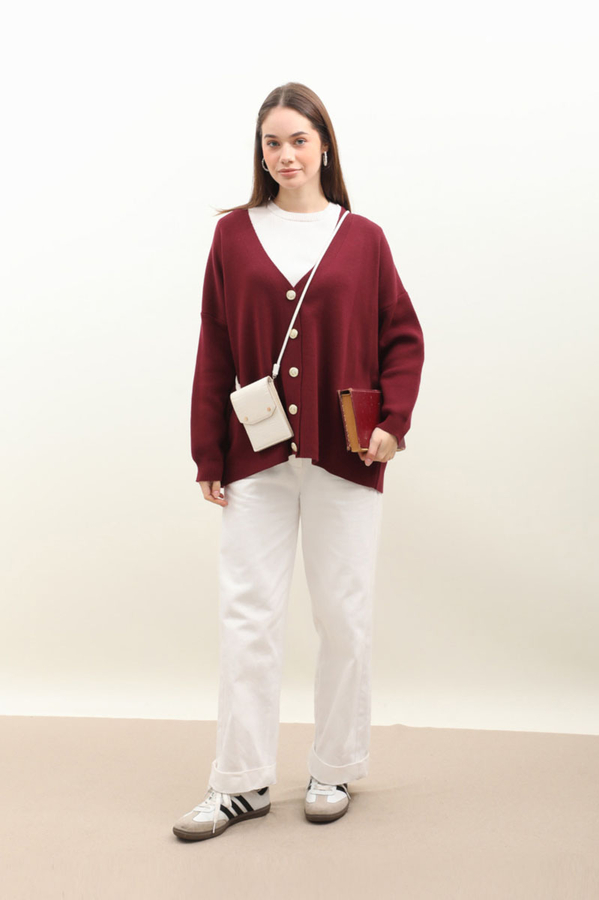 Oversize Triko Hırka Bordo - 2