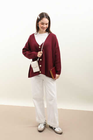 Oversize Triko Hırka Bordo - 3