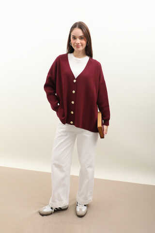 Oversize Triko Hırka Bordo - 4