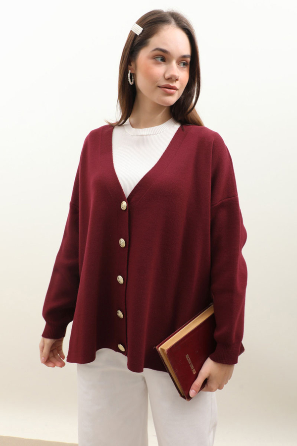 Oversize Triko Hırka Bordo - 5