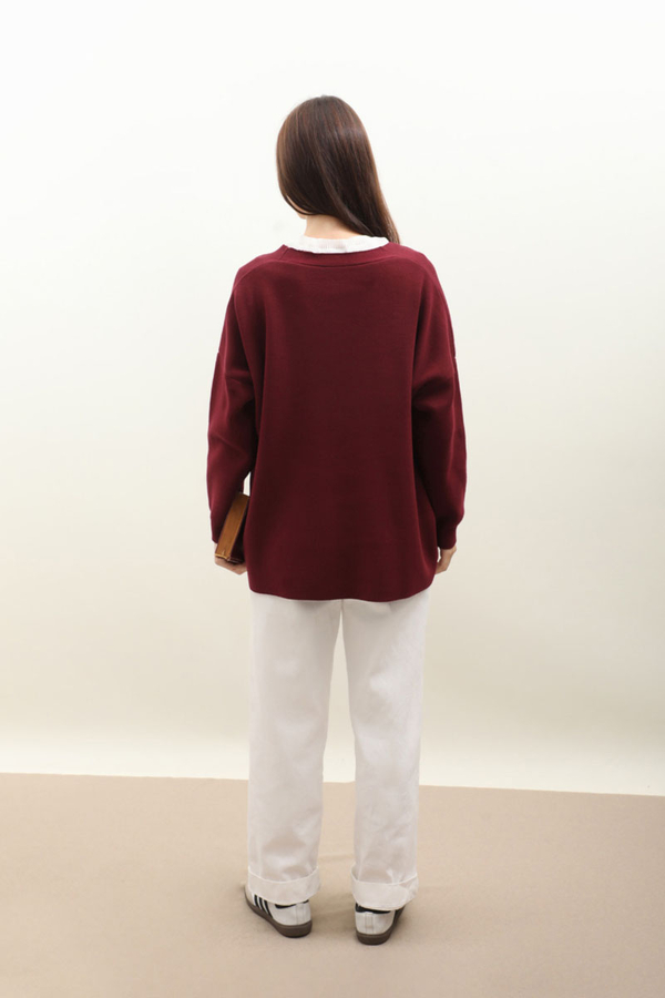 Oversize Triko Hırka Bordo - 11