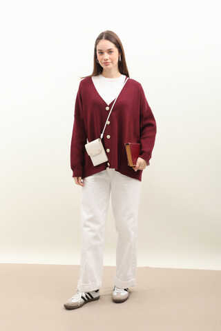 Oversize Triko Hırka Bordo - 2