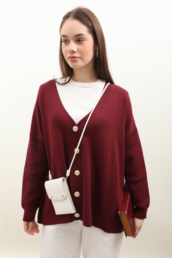 Oversize Triko Hırka Bordo - 1