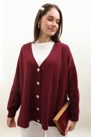 Oversize Triko Hırka Bordo - 6