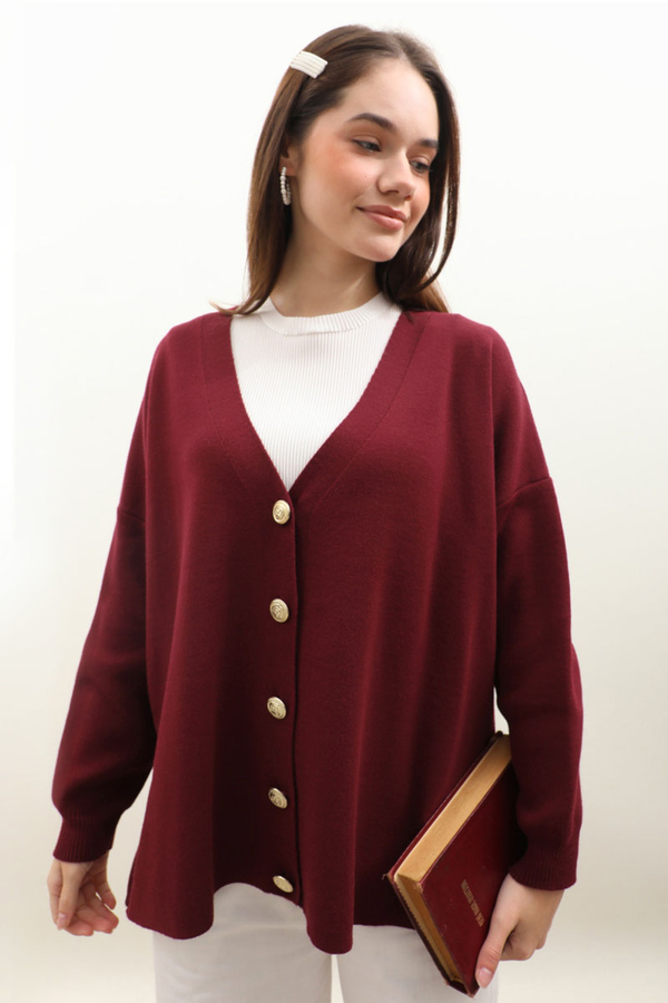 Oversize Triko Hırka Bordo - 6