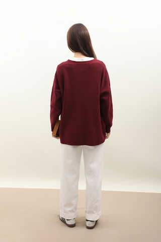 Oversize Triko Hırka Bordo - 11