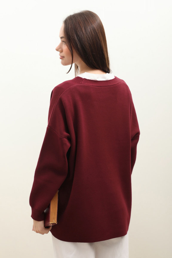 Oversize Triko Hırka Bordo - 12