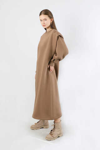 Oversize Üç İplik Elbise Bej - 5
