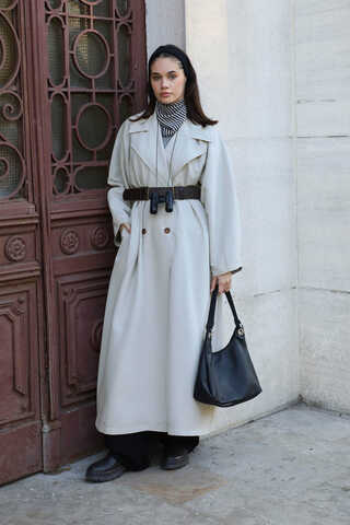 Oversize Vintage Trençkot Açık Gri - 1