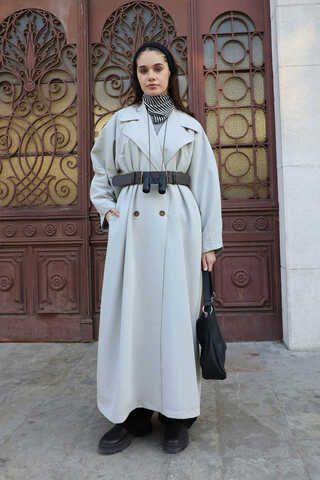 Oversize Vintage Trençkot Açık Gri - 11