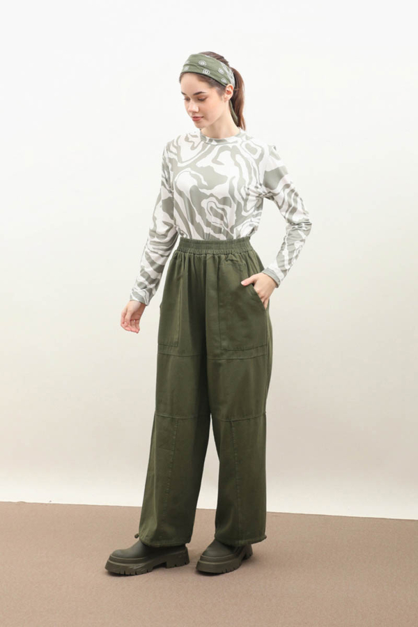 Paçası Lastikli Bol Pantolon Haki - 2