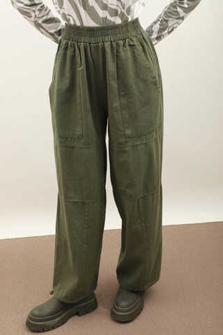 Paçası Lastikli Bol Pantolon Haki - 3