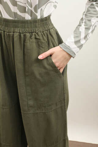 Paçası Lastikli Bol Pantolon Haki - 4