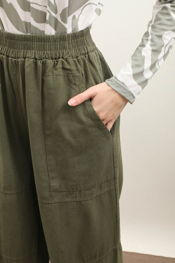 Paçası Lastikli Bol Pantolon Haki - 4