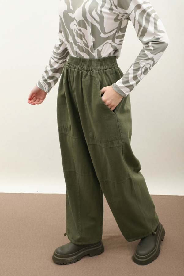 Paçası Lastikli Bol Pantolon Haki - 1