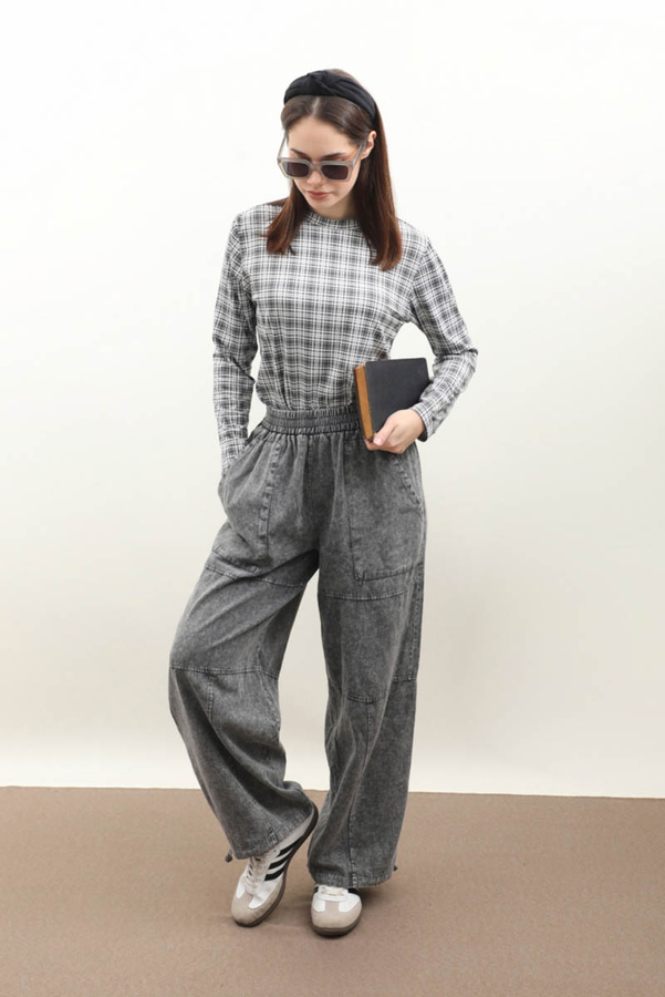 Paçası Lastikli Bol Pantolon Yıkamalı Antrasit - 1