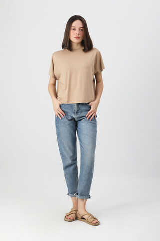 Pamuklu Kısa Kollu Tişört Camel - 2