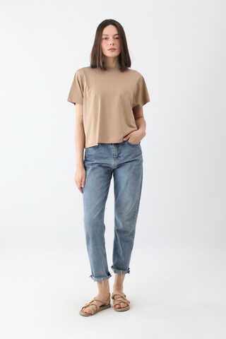 Pamuklu Kısa Kollu Tişört Camel - 3