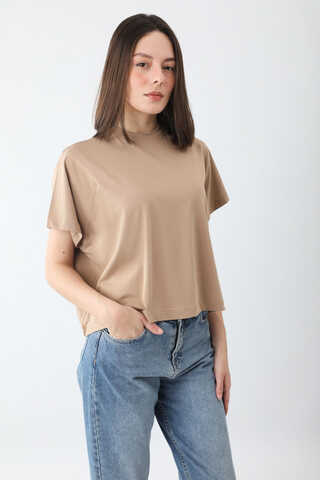 Pamuklu Kısa Kollu Tişört Camel - 4