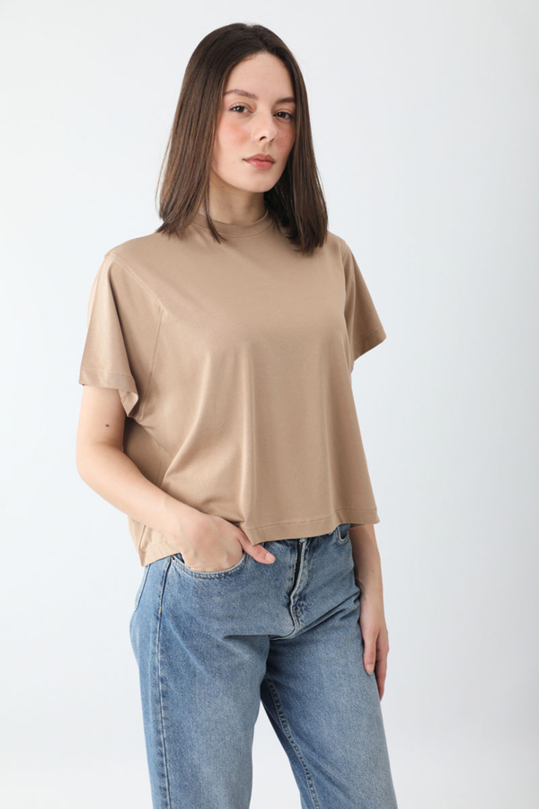 Pamuklu Kısa Kollu Tişört Camel - 4