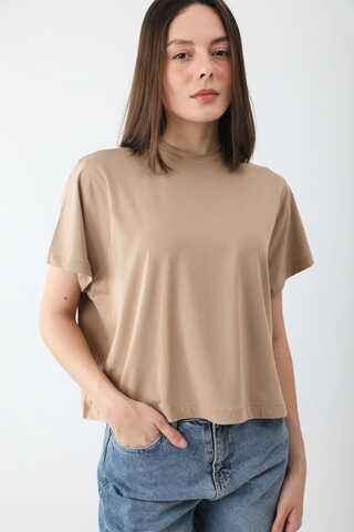 Pamuklu Kısa Kollu Tişört Camel - 5