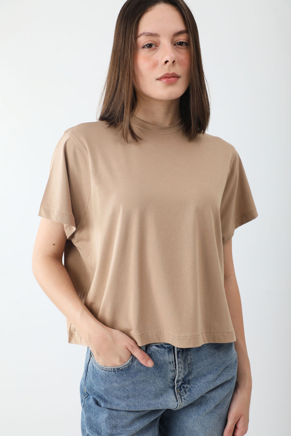 Pamuklu Kısa Kollu Tişört Camel - 5